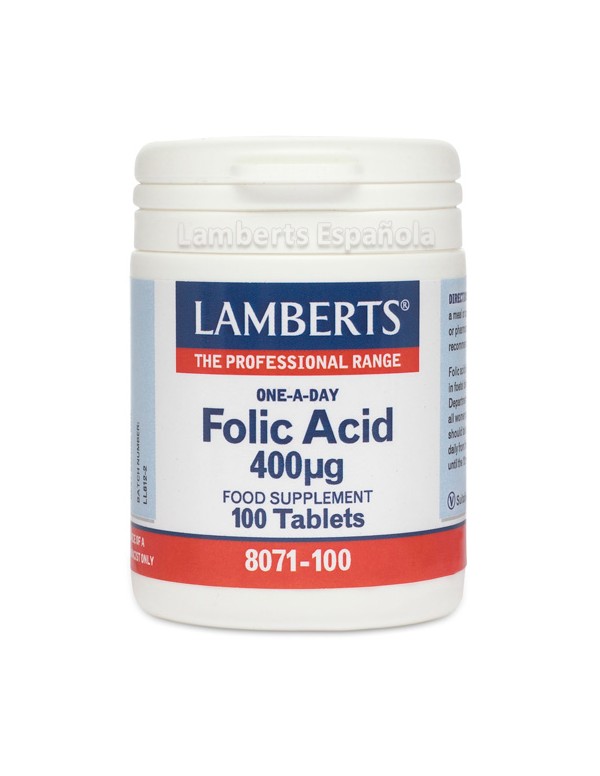 Ácido fólico Folic Acid 400 mcg 100 tabletas. Lamberts