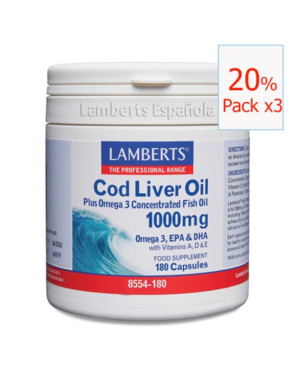 Pack x3 Aceite de Hígado de bacalao (Cold Liver oil) 1000mg 180 cápsulas. Lamberts