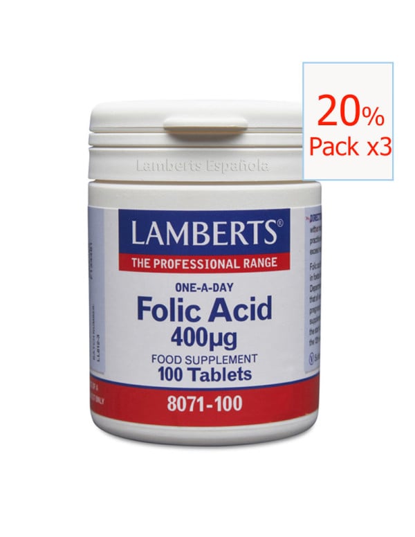 Pack x3 Ácido fólico (Folic Acid) 400 mcg 100 Tabletas. Lamberts