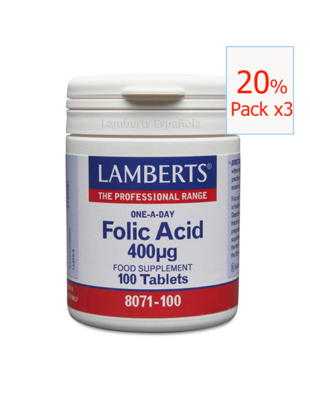 Pack x3 Ácido fólico (Folic Acid) 400 mcg 100 Tabletas. Lamberts