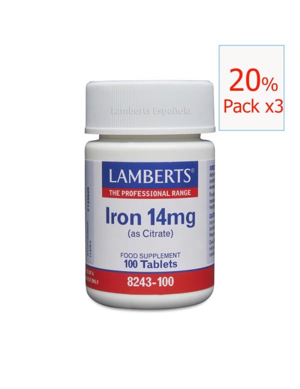 Pack x3 Iron Hierro 14 mg 100 tabletas. Lamberts
