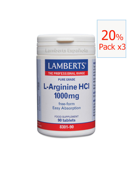 Pack x3 L-Arginine Hcl L-Arginina 1000 mg 90 tab. Lamberts