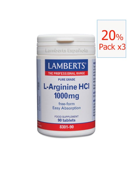 Pack x3 L-arginine HCI (L-arginina) 1000 mg. 90 tabletas Lamberts