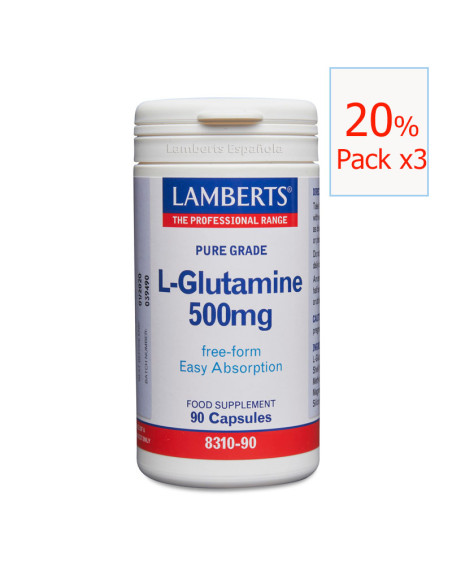 Pack x3 L-glutamina 500 g 90 cápsulas Lamberts