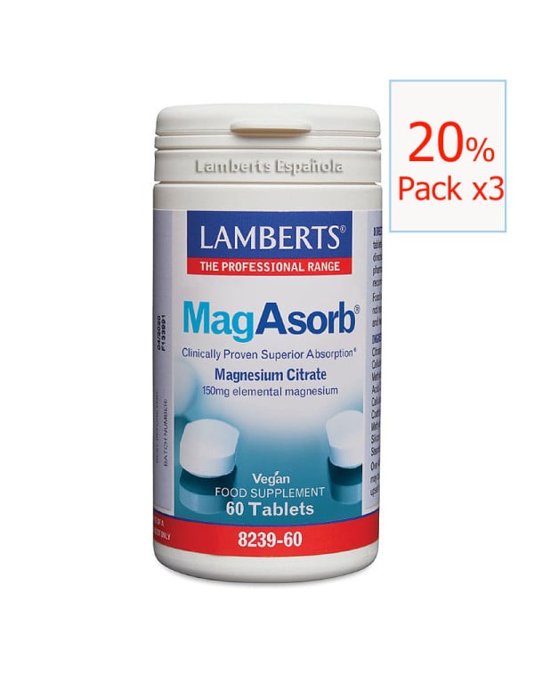 Pack x3 Magasorb (Magnesio como citrato 150 mg) 60 tabletas. Lamberts