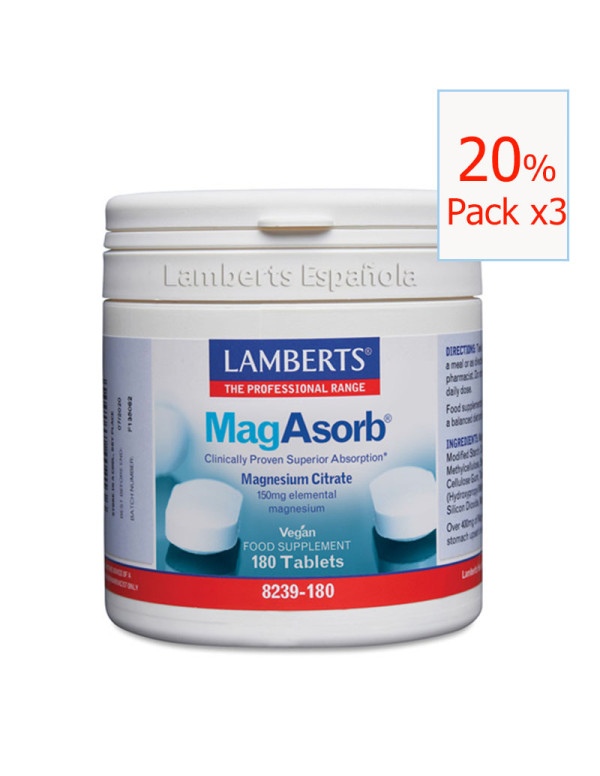 Pack x3 Magasorb (Magnesio como citrato) 180 tabletas. Lamberts