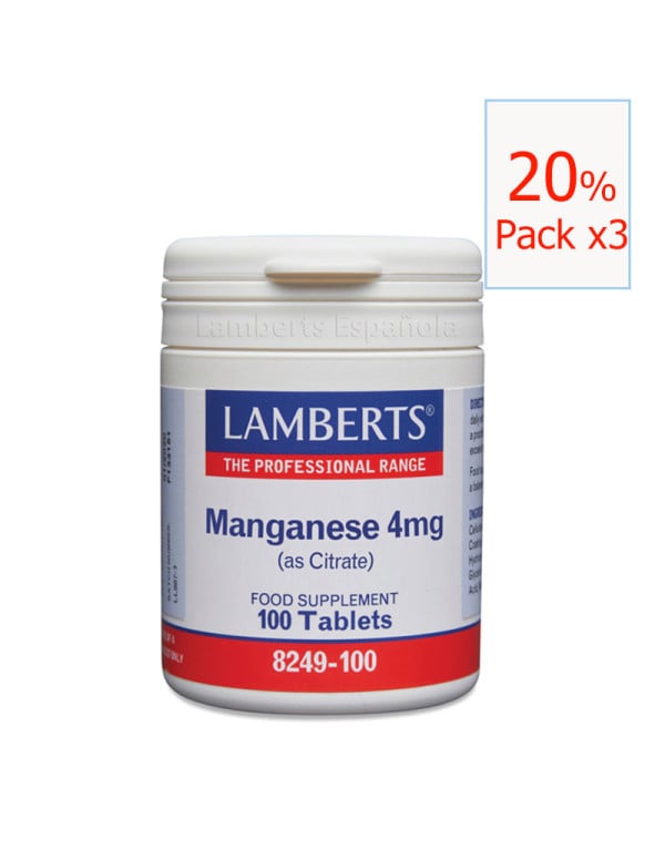 Pack x3 Manganeso 4mg (como citrato) 100 tabletas. Lamberts