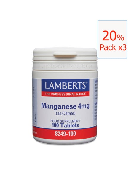 Pack x3 Manganeso 4mg (como citrato) 100 tabletas. Lamberts