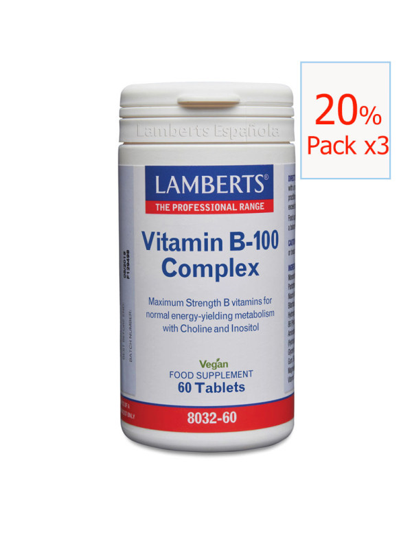 Pack x3 Vitamina B-100 Complex 60 tabletas Lamberts