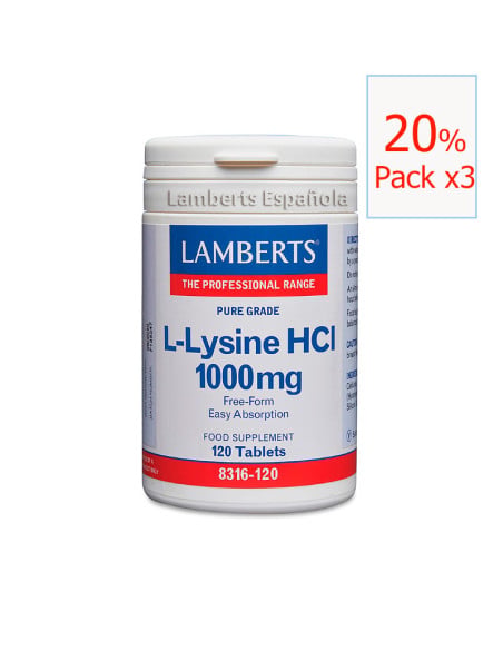 Pack x3 L-lysine HCL 1000 mcg 120 tabletas. Lamberts